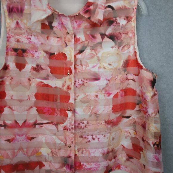 Katherine Kelly | Sheer Floral Blouse Top Red Pink Ivory | Size L - Picture 3 of 10